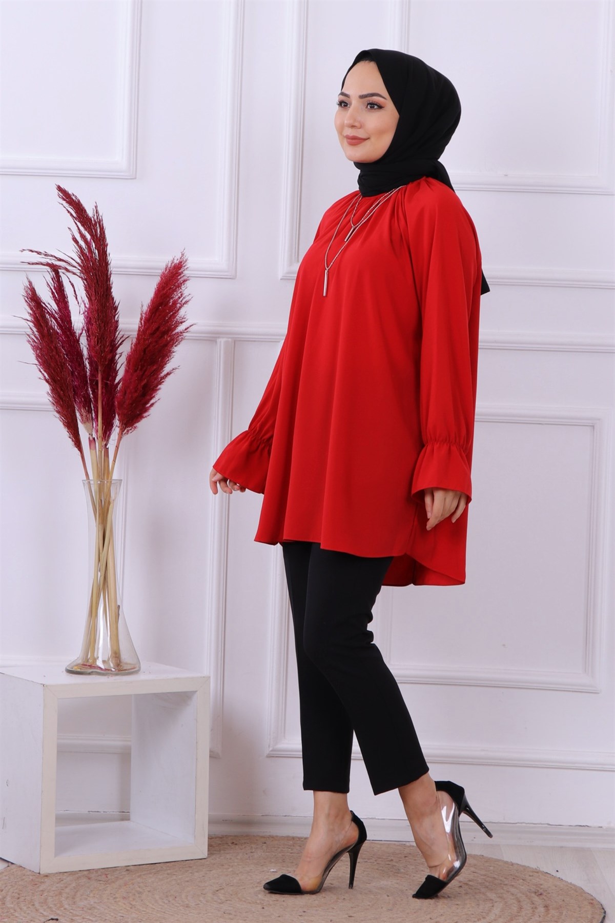 Kolları Lastikli Tunik Kırmızı