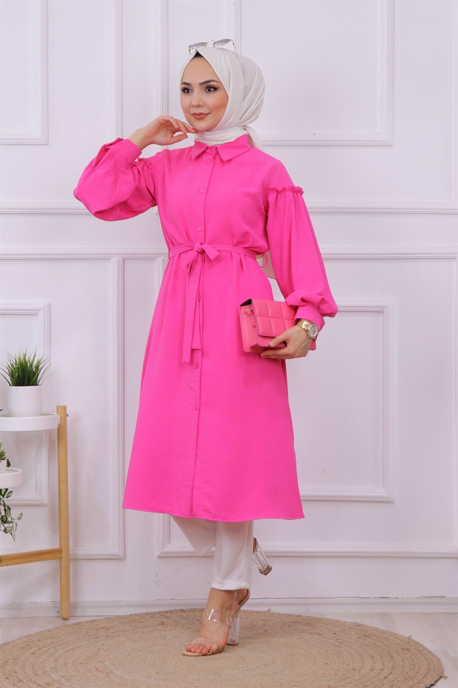 Kolları Pileli Tunik Pembe