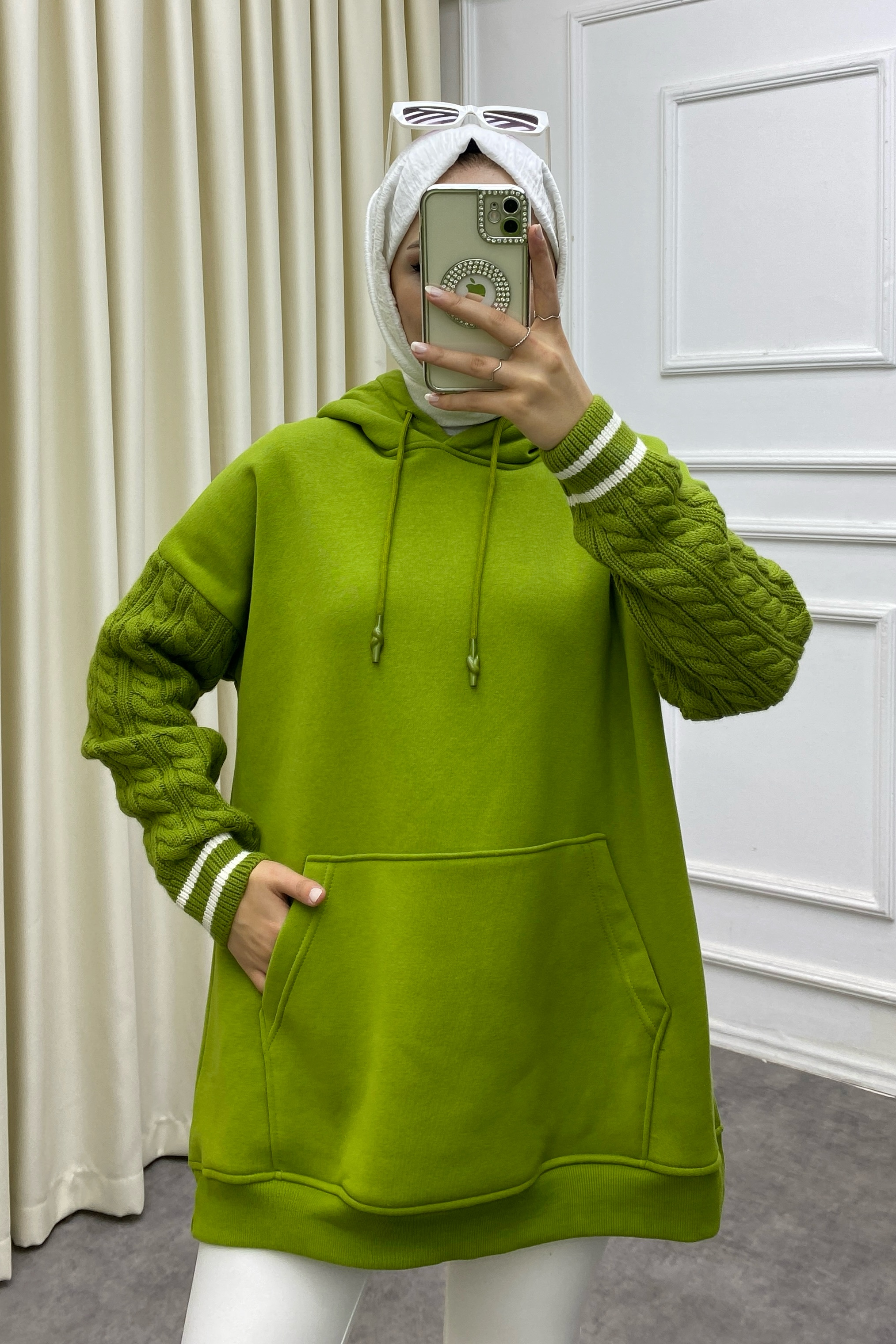 Kolları Saç Örgülü Üç İplik Sweat Yağ Yeşili