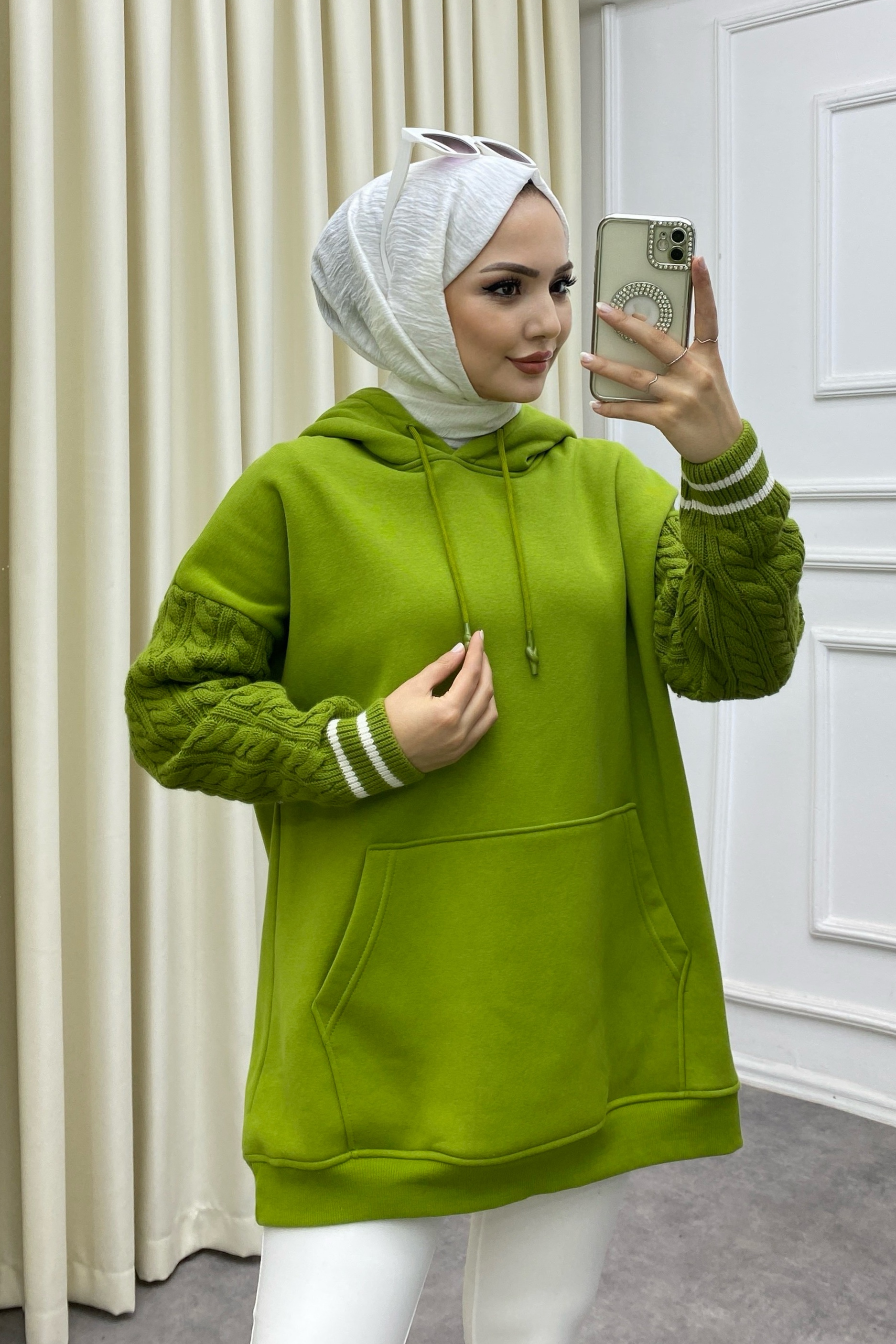 Kolları Saç Örgülü Üç İplik Sweat Yağ Yeşili