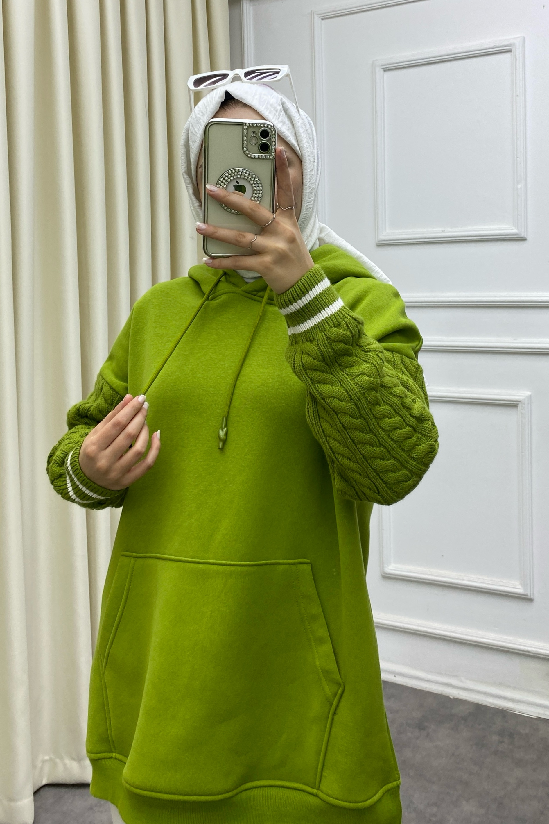Kolları Saç Örgülü Üç İplik Sweat Yağ Yeşili
