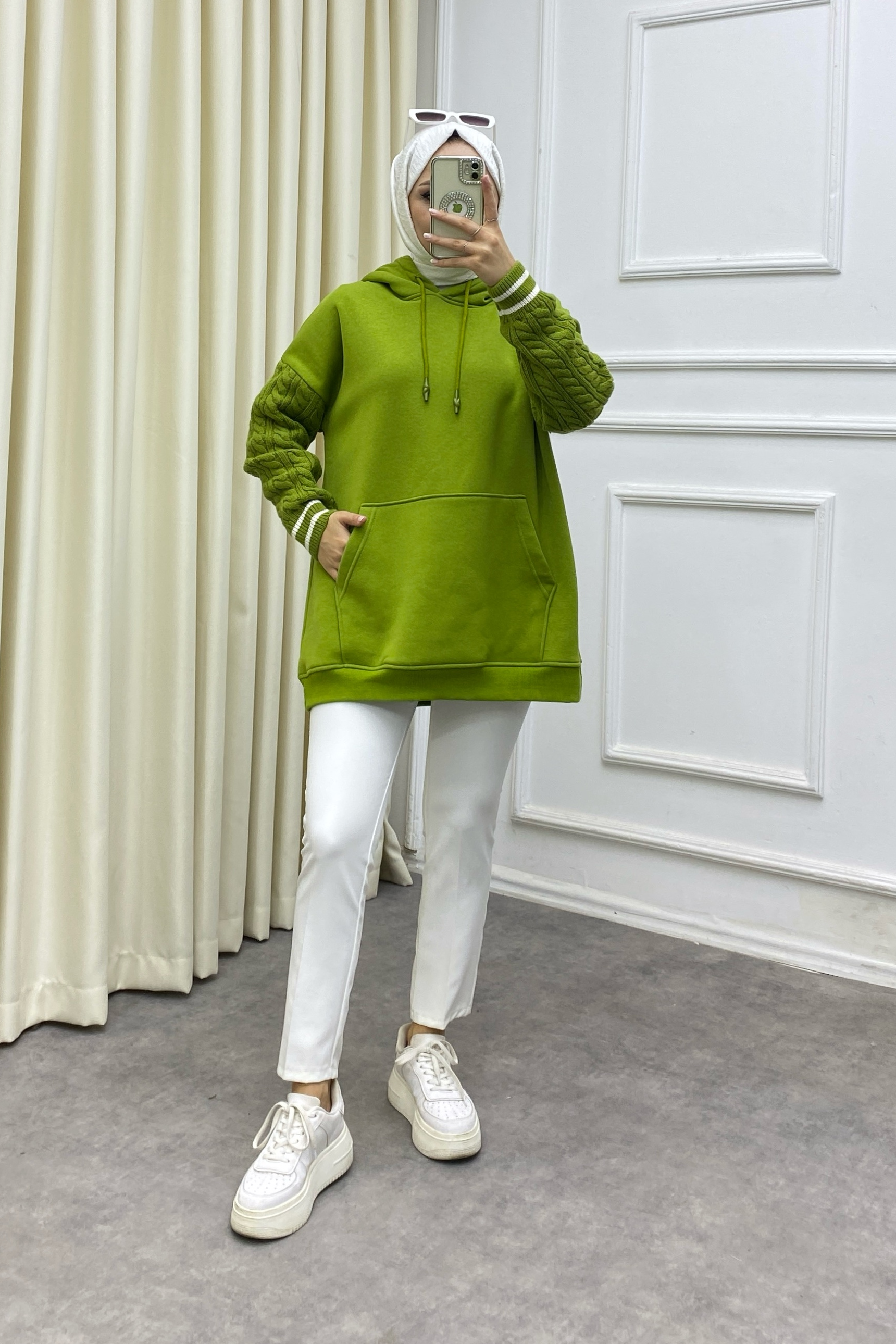 Kolları Saç Örgülü Üç İplik Sweat Yağ Yeşili