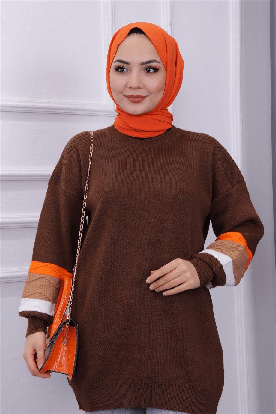 Kolu Dalga Desen Tunik Kahverengi