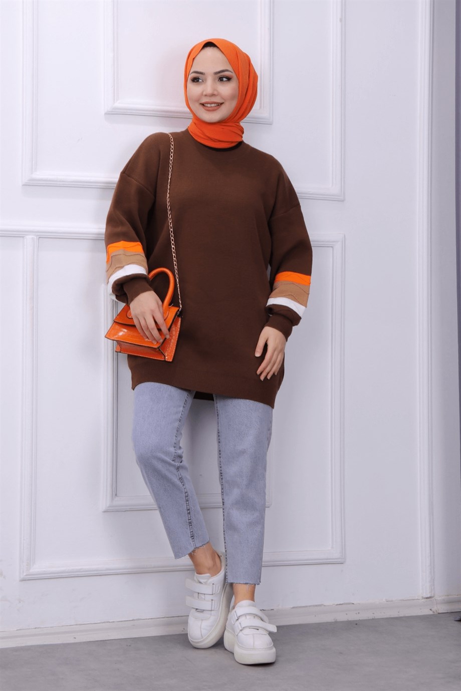Kolu Dalga Desen Tunik Kahverengi