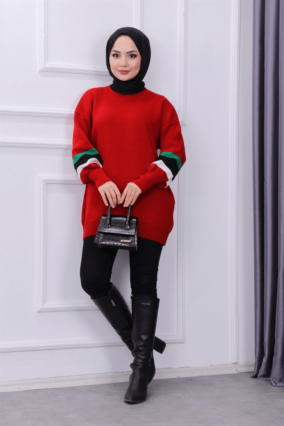 Kolu Dalga Desen Tunik Kırmızı