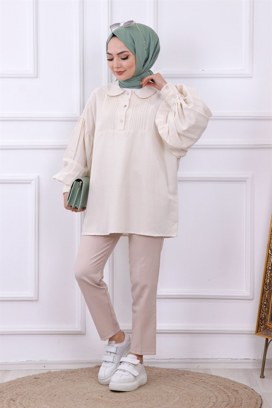 Kolu Dantel Detaylı Tunik Krem