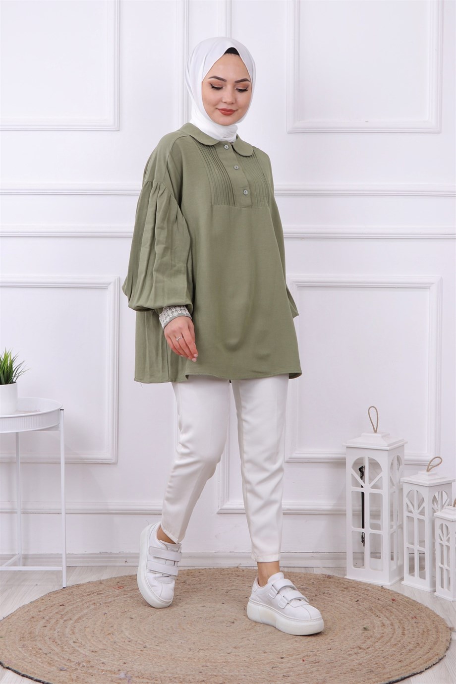 Kolu Dantel Detaylı Tunik Yeşil