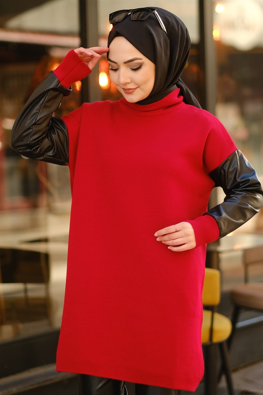 Kolu Deri Detaylı Tunik Bordo