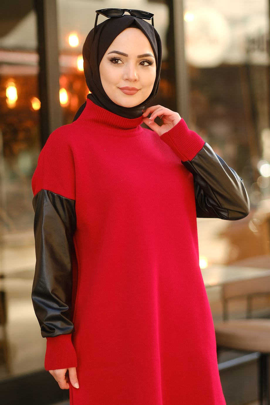 Kolu Deri Detaylı Tunik Bordo