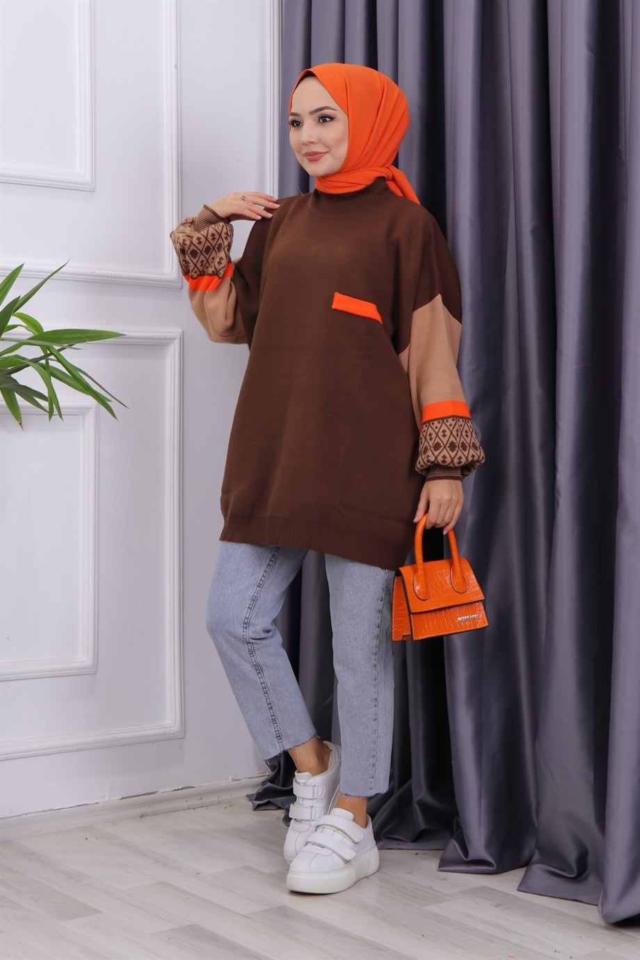 Kolu Etnik Desen Triko Tunik Kahve