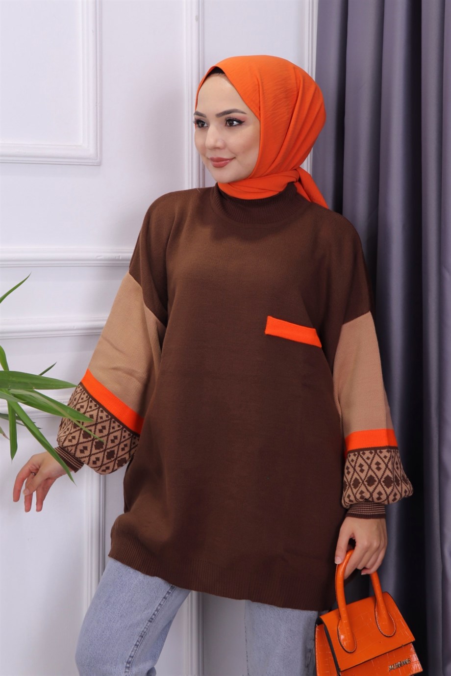 Kolu Etnik Desen Triko Tunik Kahve