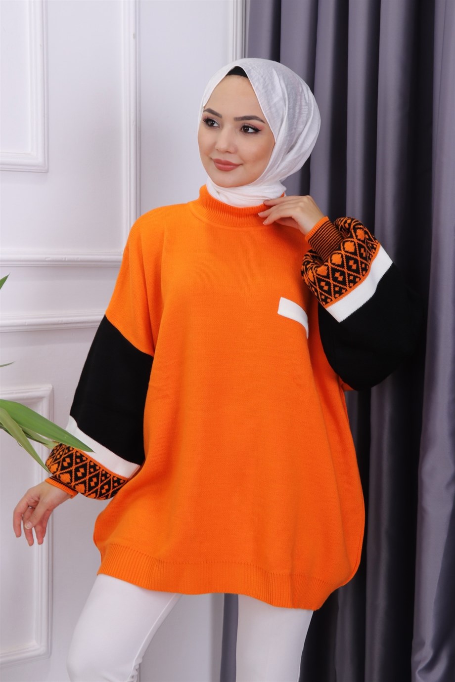 Kolu Etnik Desen Triko Tunik Turuncu