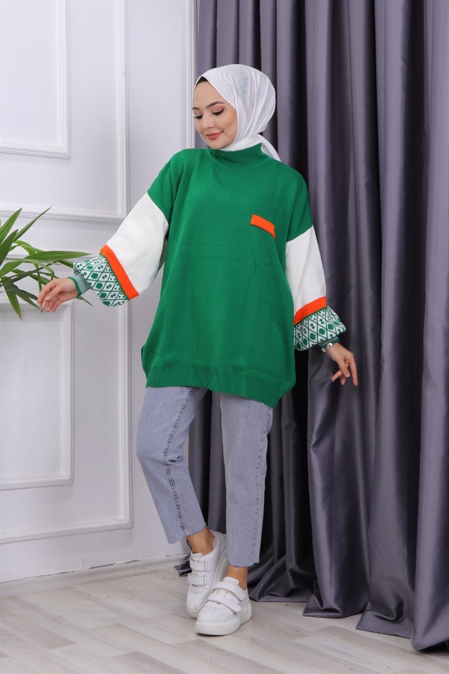 Kolu Etnik Desen Triko Tunik Yeşil