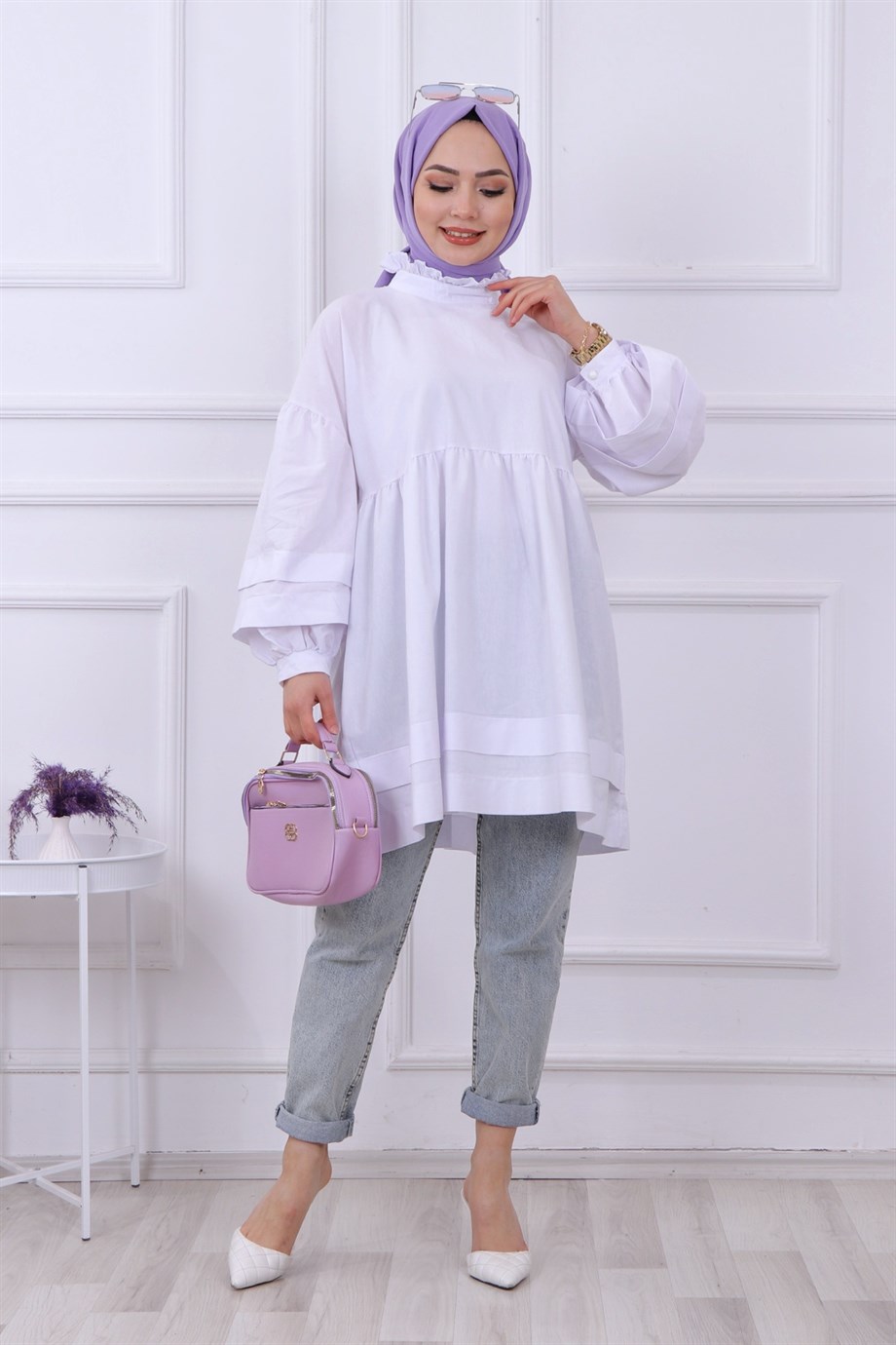 Kolu Kat Kat Tunik Beyaz