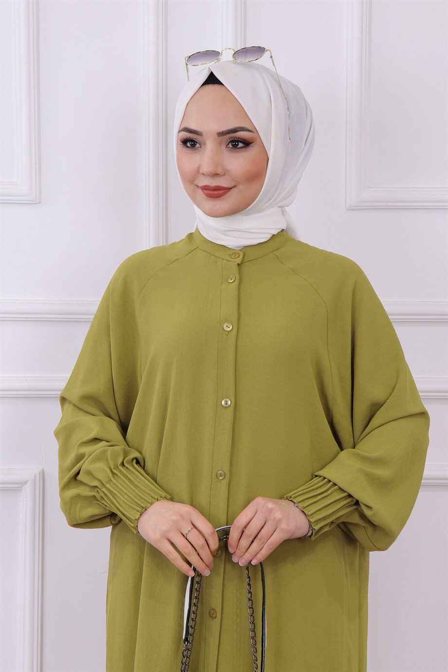 Kolu Pile Detaylı Tunik Yağ Yeşili