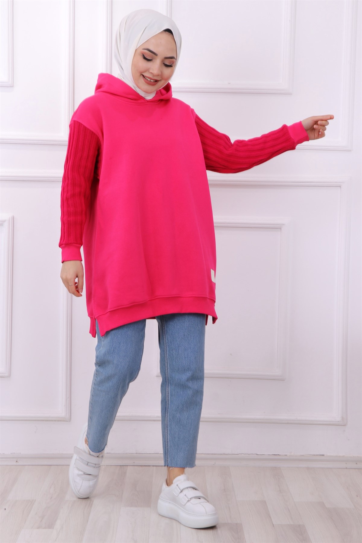 Kolu Triko Detaylı Üç İplik Kumaş Tunik Pembe