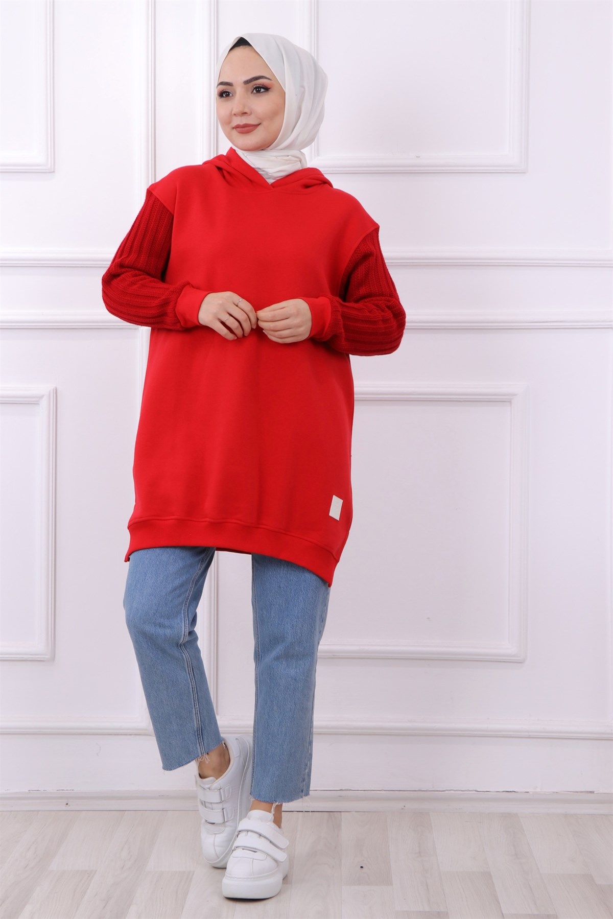 Kolu Triko Detaylı Üç İplik Kumaş Tunik Kırmızı