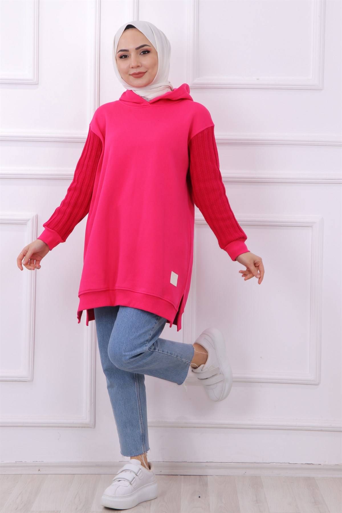 Kolu Triko Detaylı Üç İplik Kumaş Tunik Pembe
