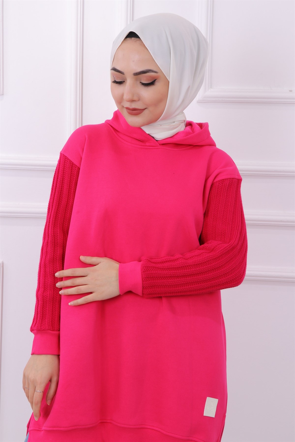 Kolu Triko Detaylı Üç İplik Kumaş Tunik Pembe