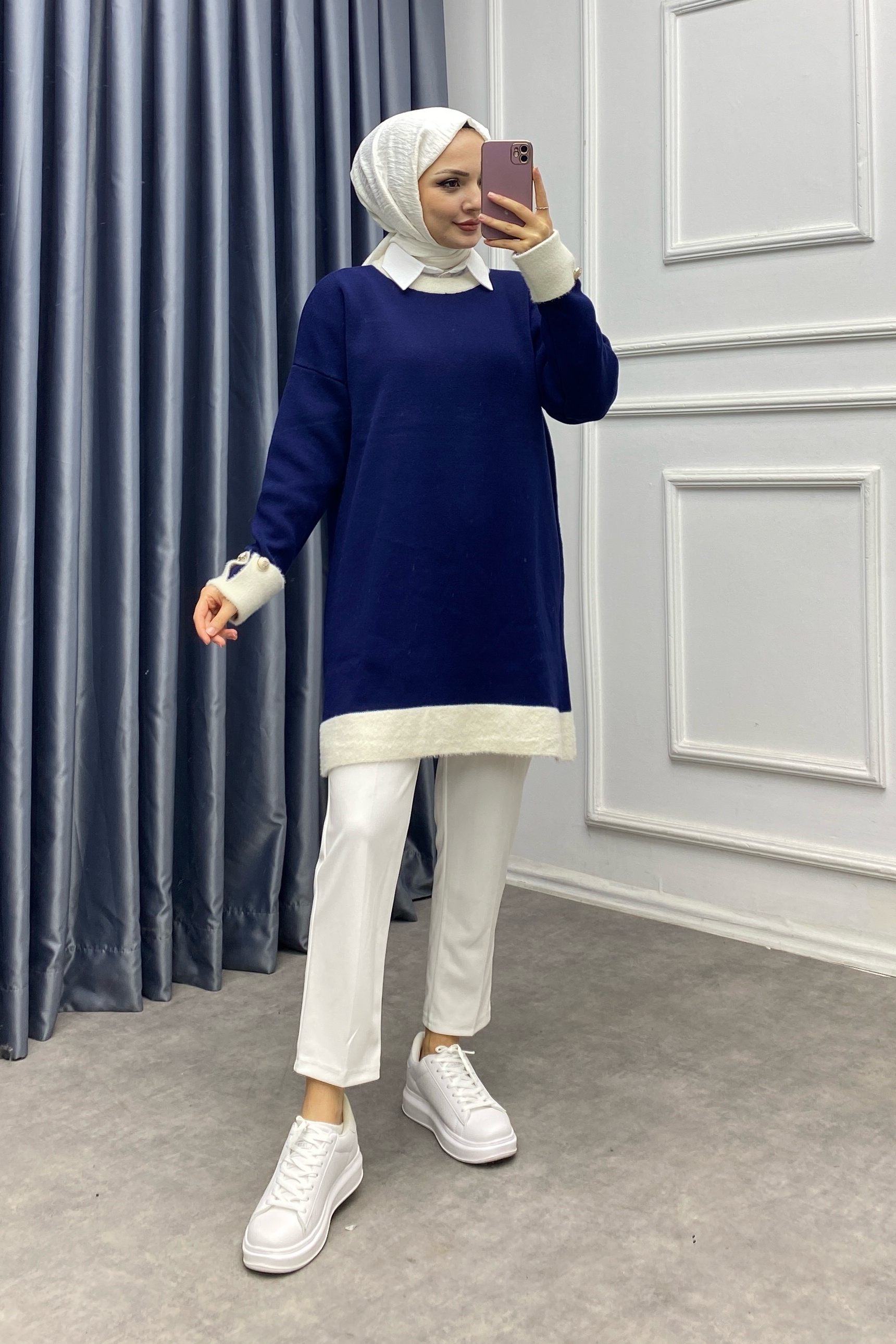 Kolu Ve Yakası Peluş Tunik Lacivert