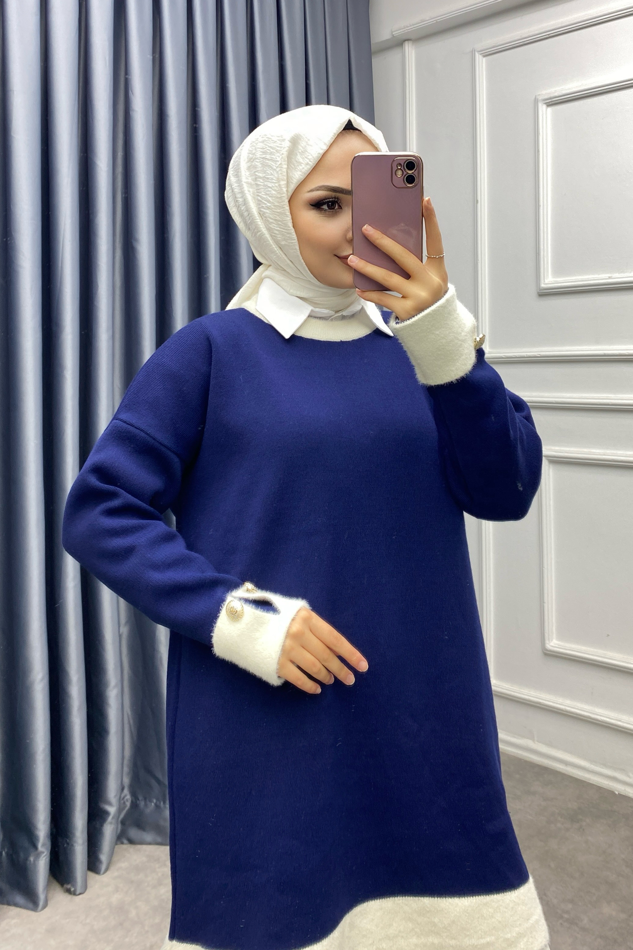 Kolu Ve Yakası Peluş Tunik Lacivert