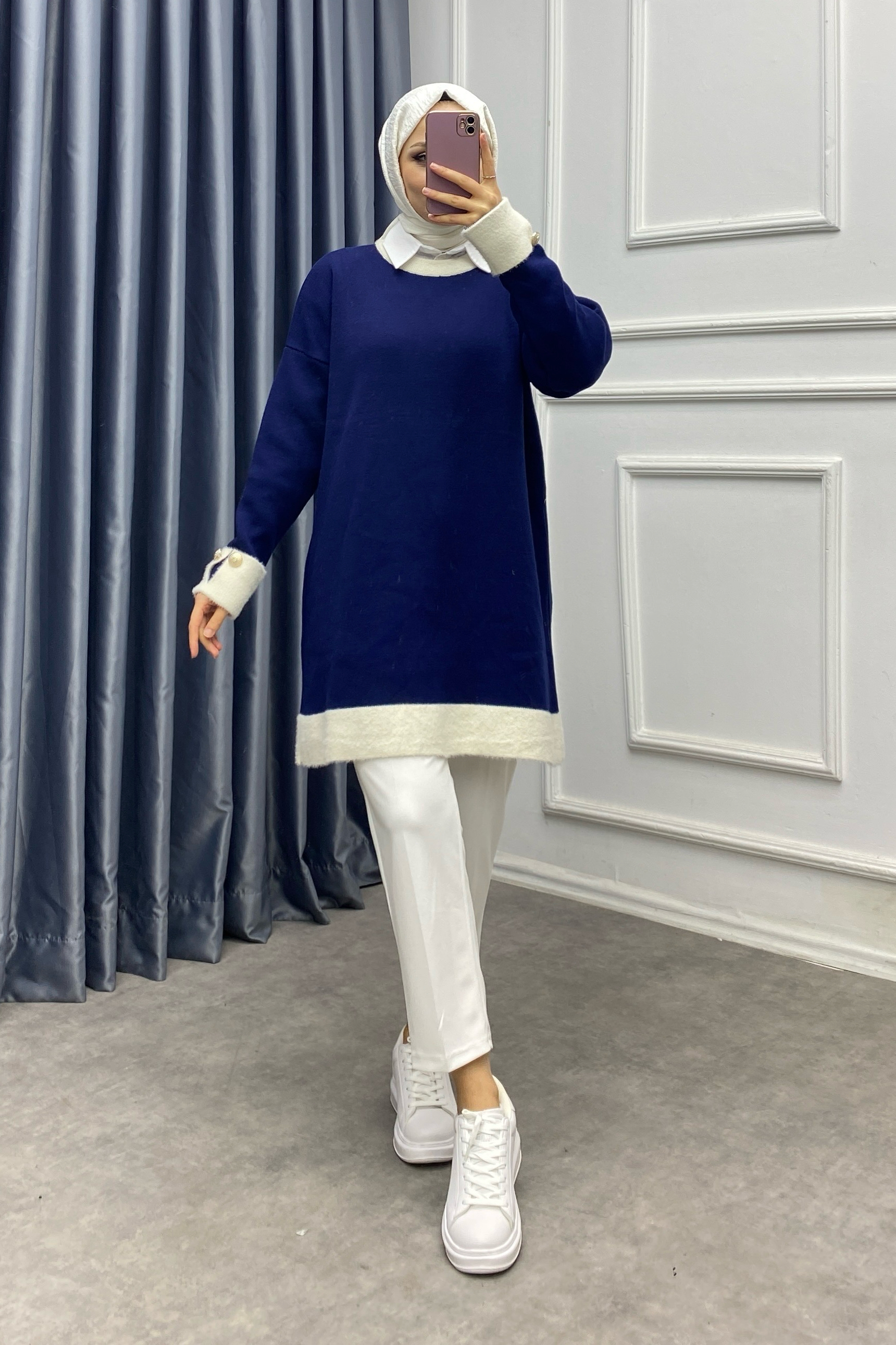 Kolu Ve Yakası Peluş Tunik Lacivert