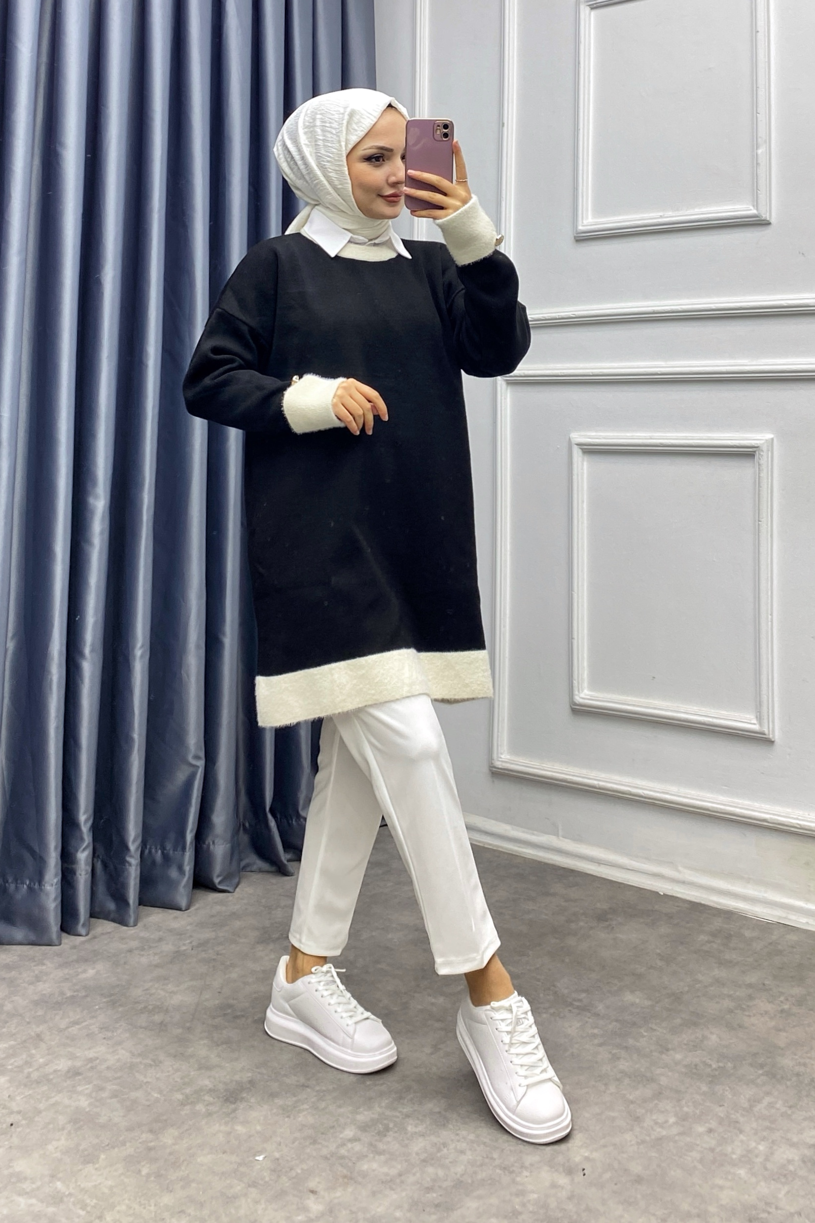 Kolu Ve Yakası Peluş Tunik Siyah