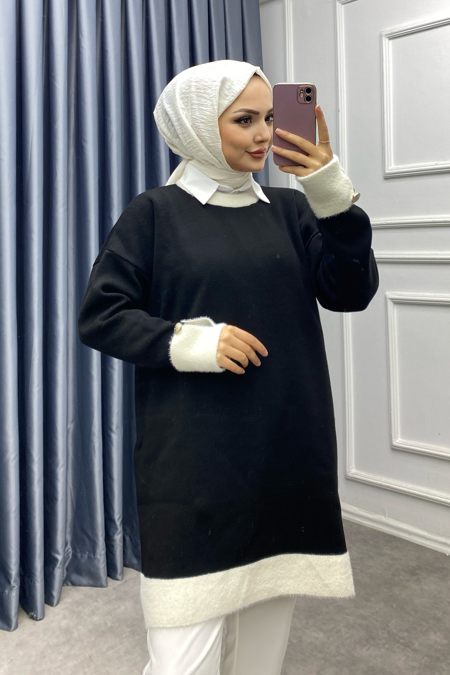 Kolu Ve Yakası Peluş Tunik Siyah