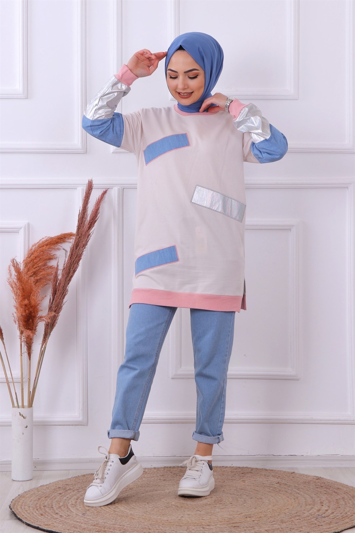 Kot Detaylı Sweat Krem