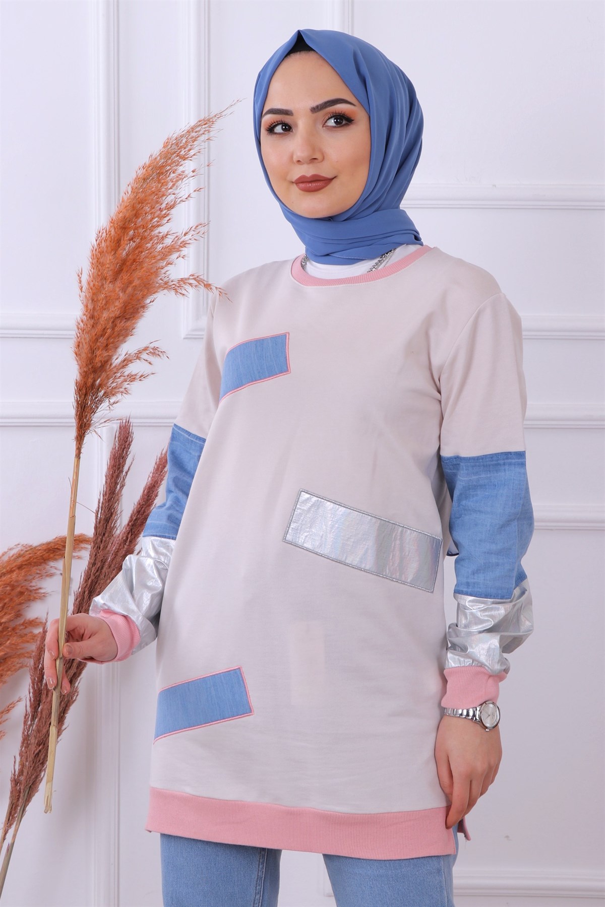 Kot Detaylı Sweat Krem