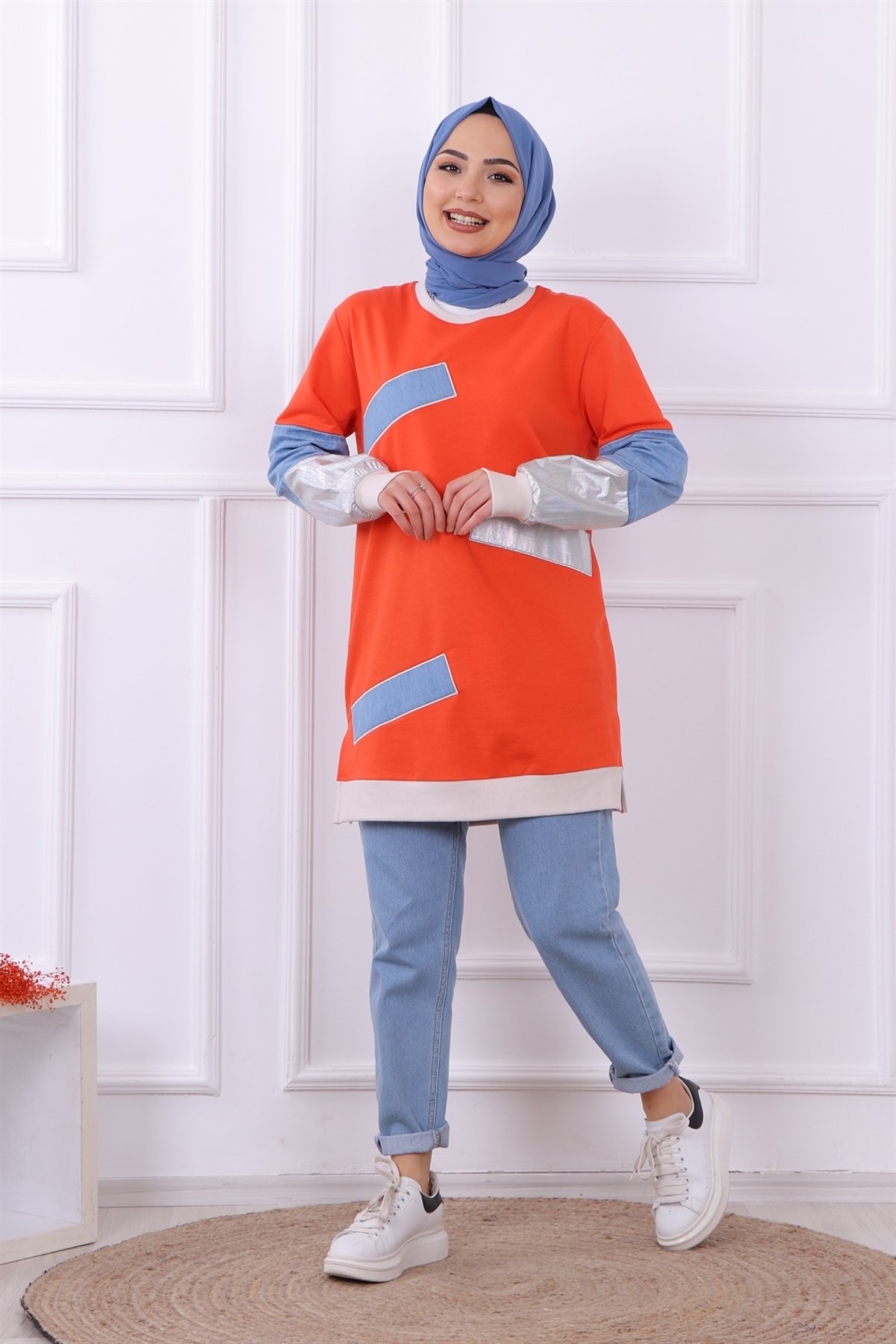 Kot Detaylı Sweat Turuncu