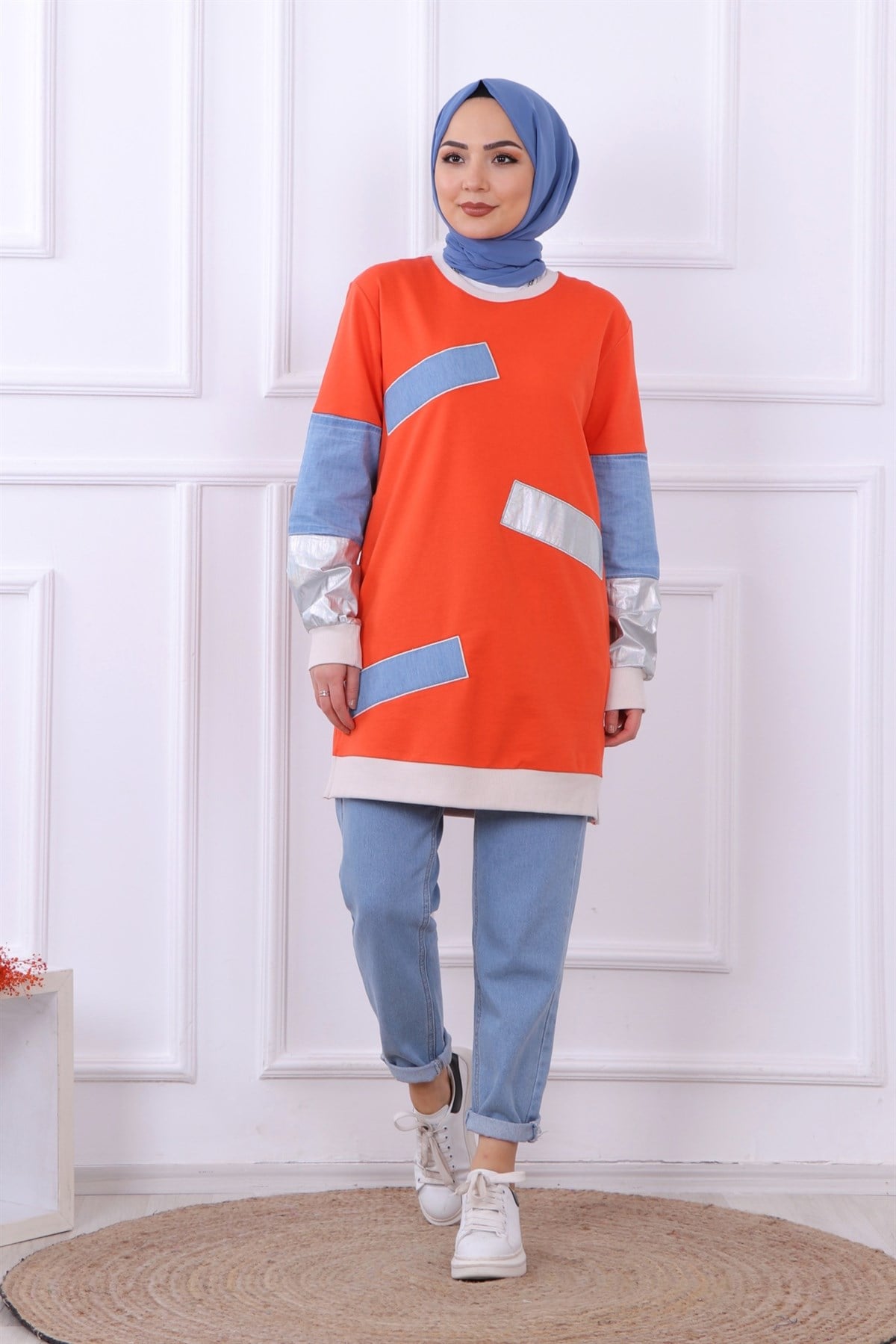 Kot Detaylı Sweat Turuncu