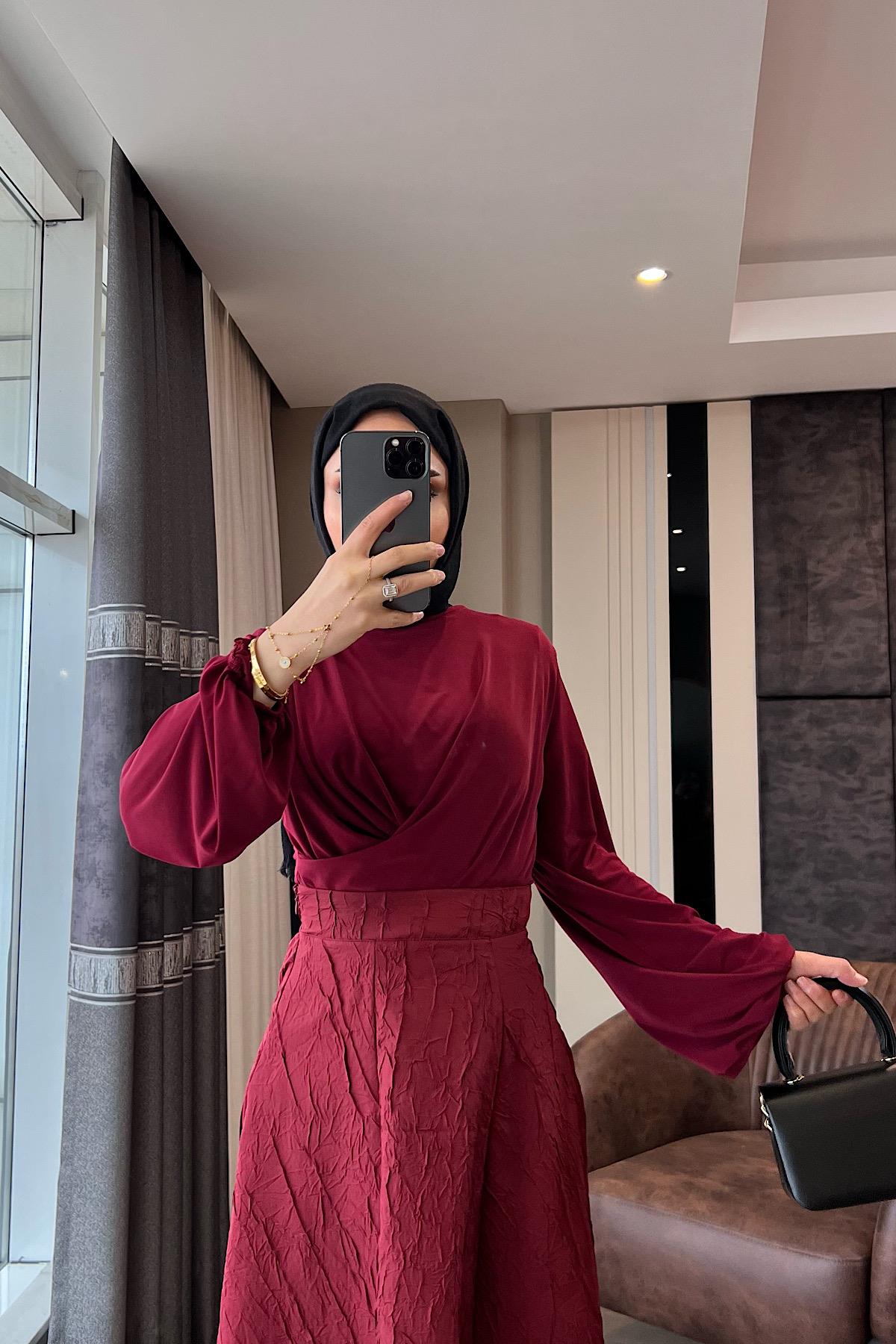 Kraşlı Kloş Etek Bordo