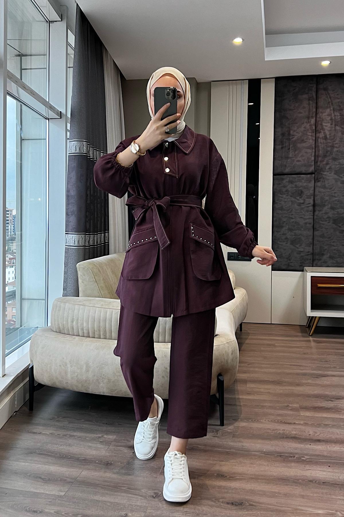 Kuşaklı İkili Takım Bordo