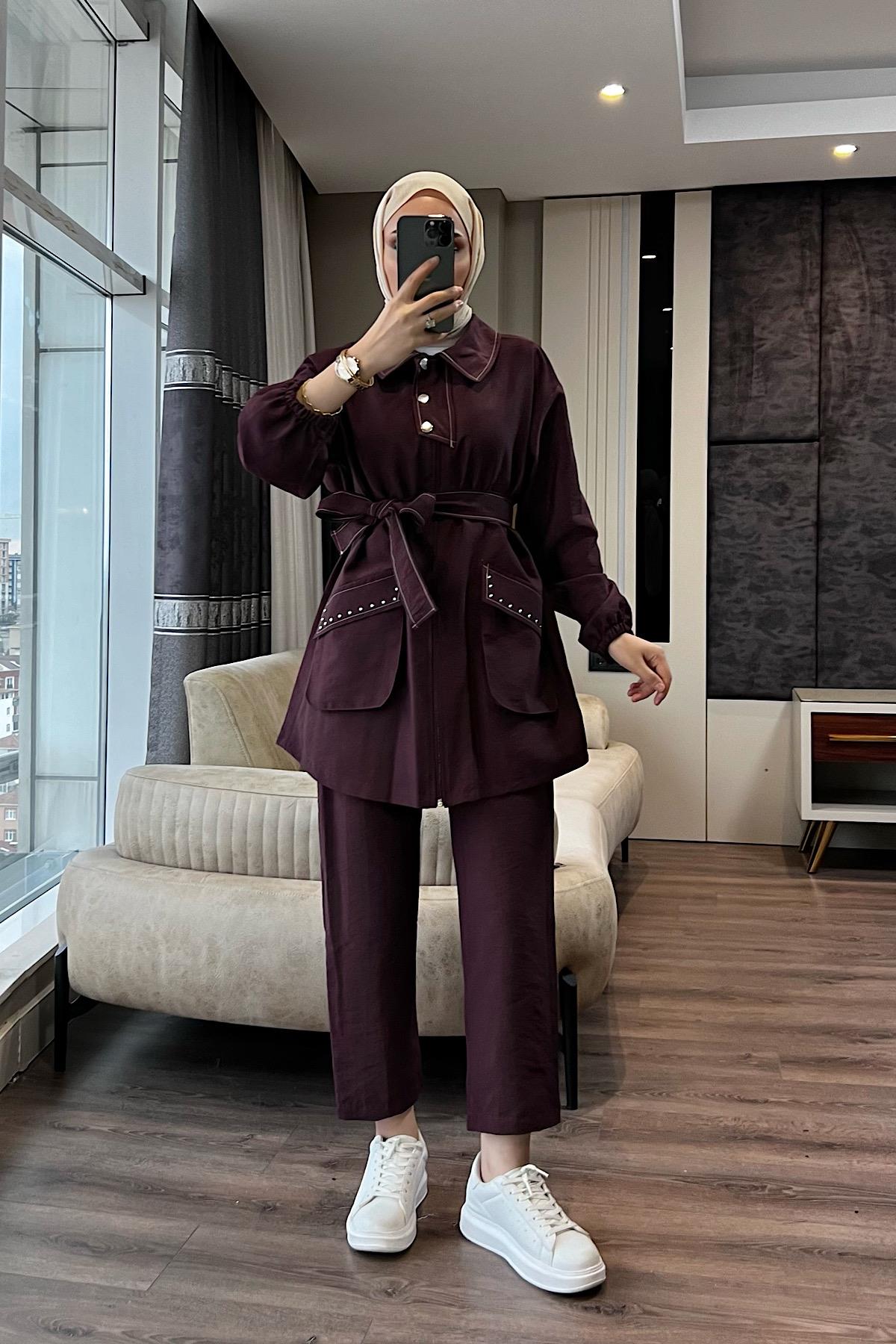 Kuşaklı İkili Takım Bordo