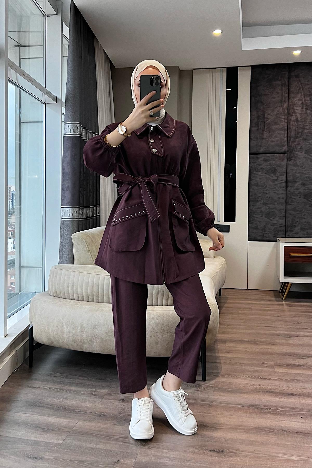 Kuşaklı İkili Takım Bordo