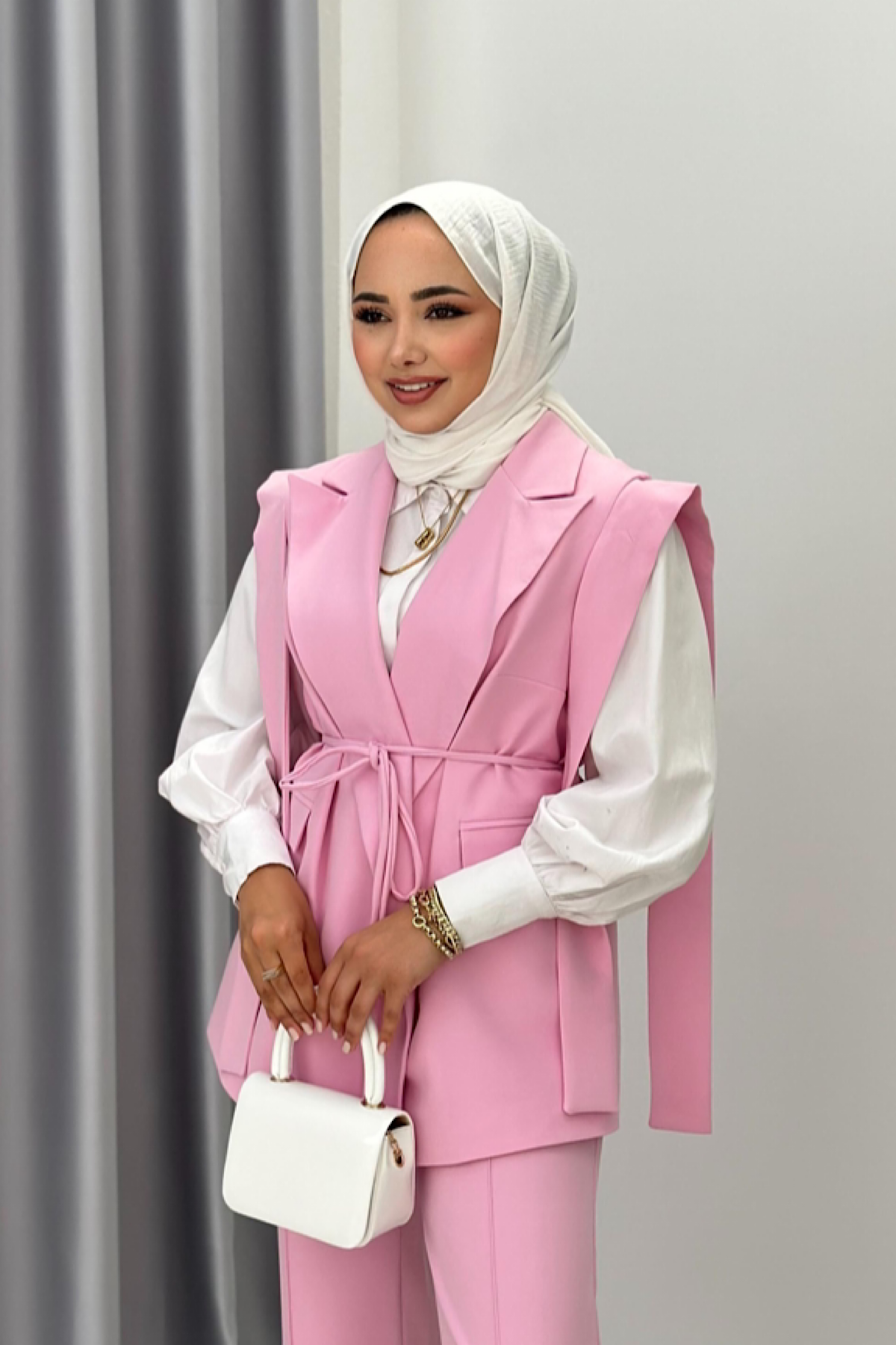 Kuşaklı Yelekli Takım Pembe