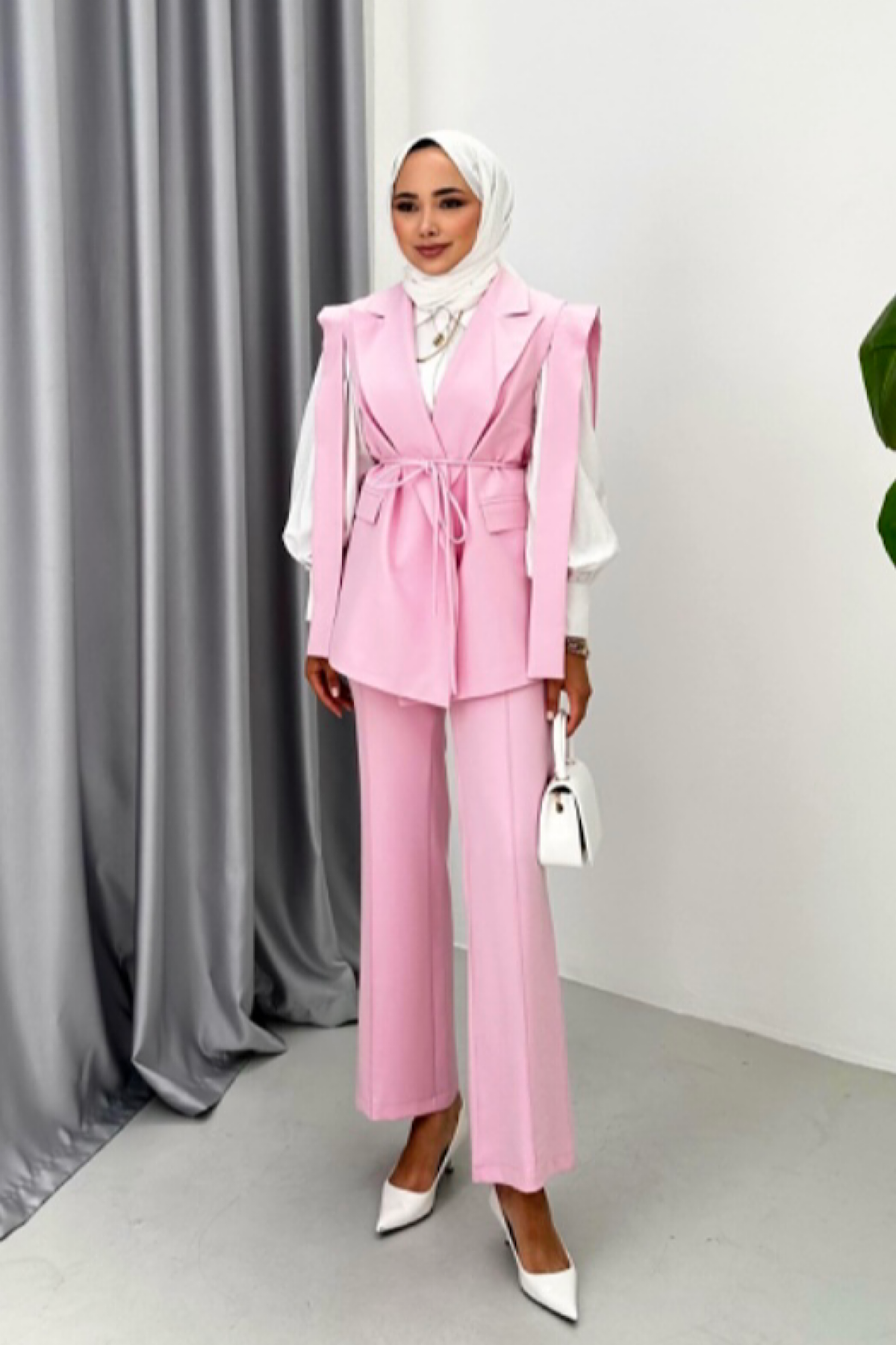 Kuşaklı Yelekli Takım Pembe