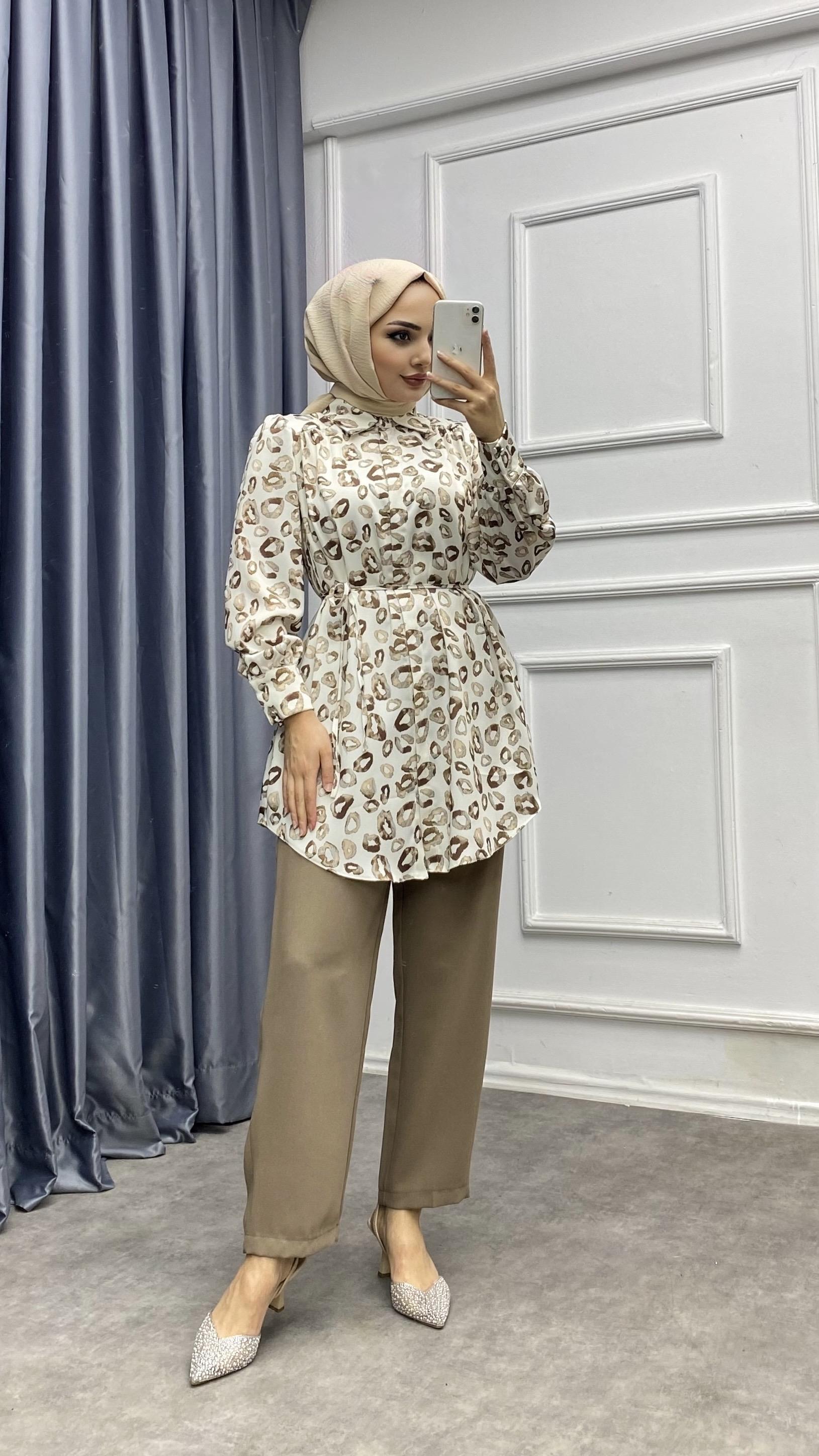 Leopar Desen Saten Takım Vizon