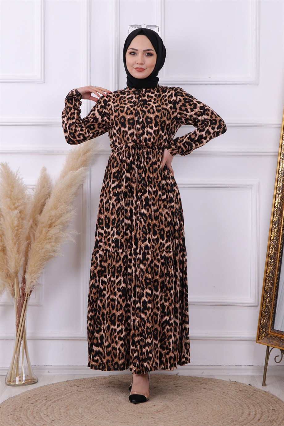 Leopar Desen Viskon Elbise