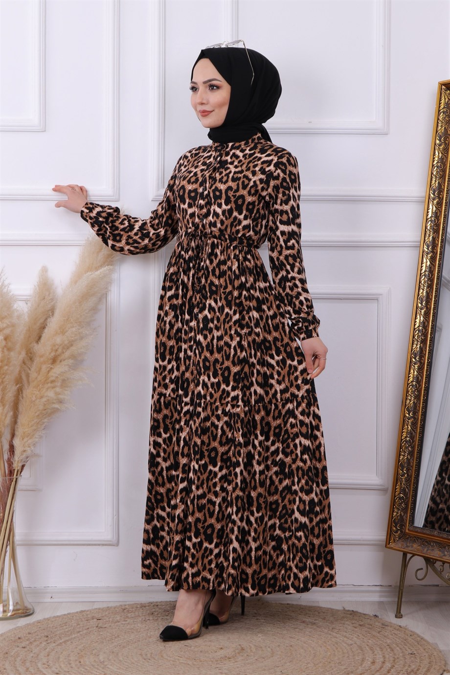 Leopar Desen Viskon Elbise