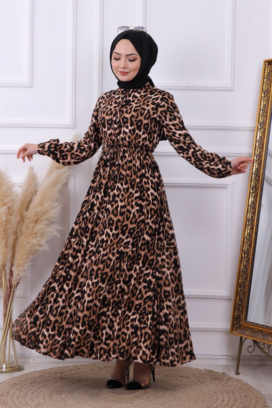 Leopar Desen Viskon Elbise