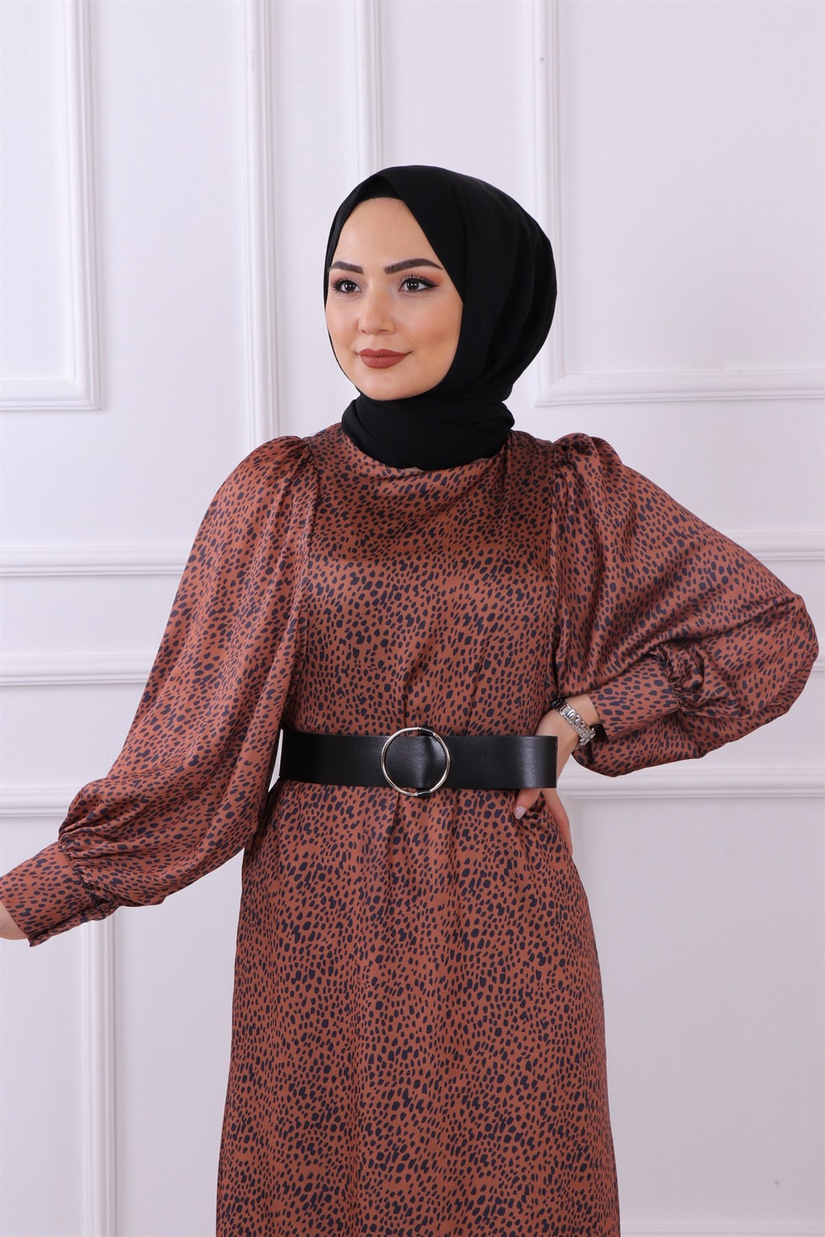 Leopar Desenli Balon Kol Elbise