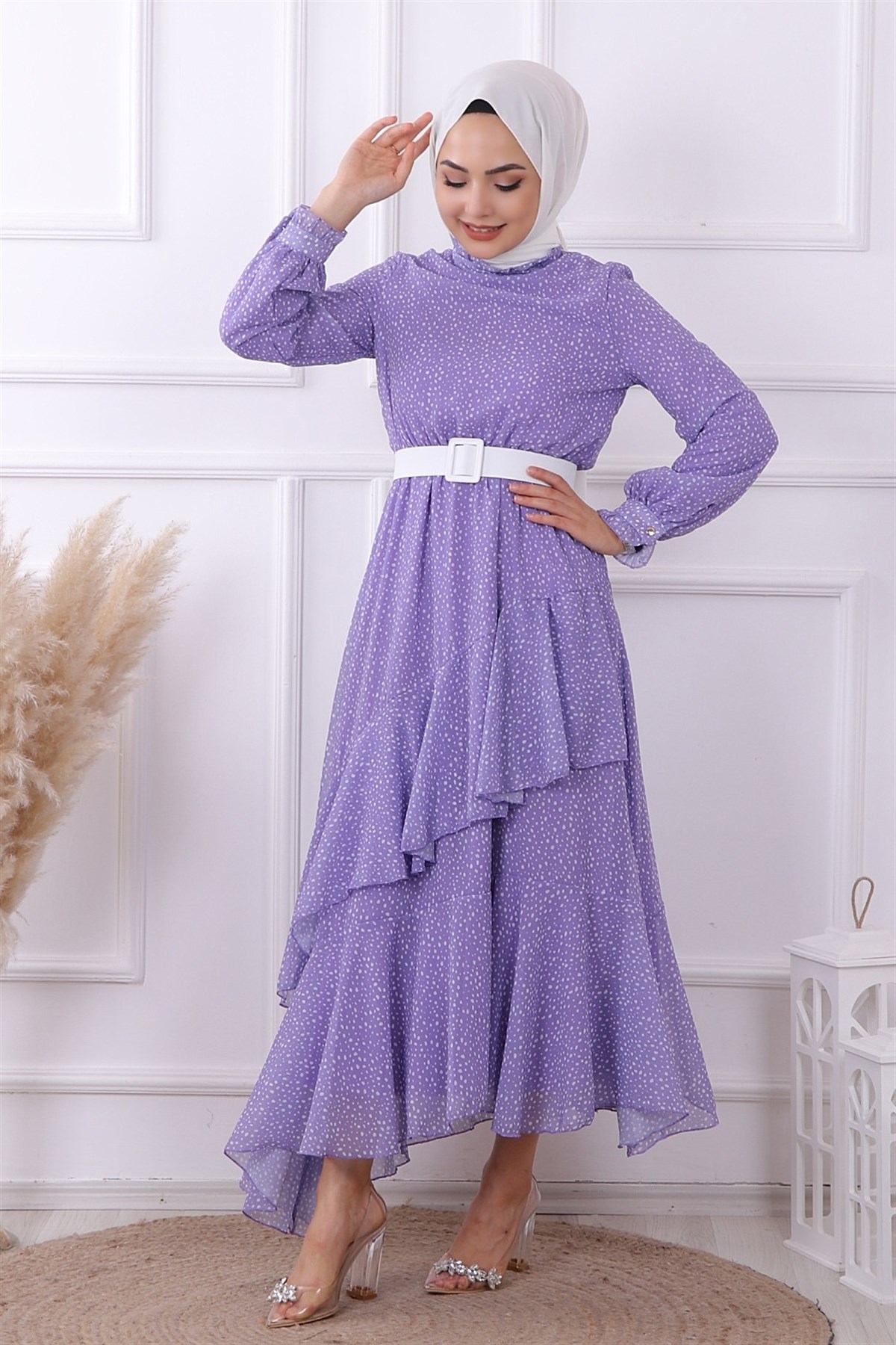 Lila Puantiyeli Geometrik Model Elbise