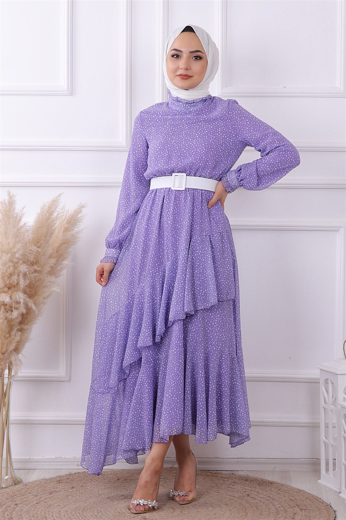 Lila Puantiyeli Geometrik Model Elbise