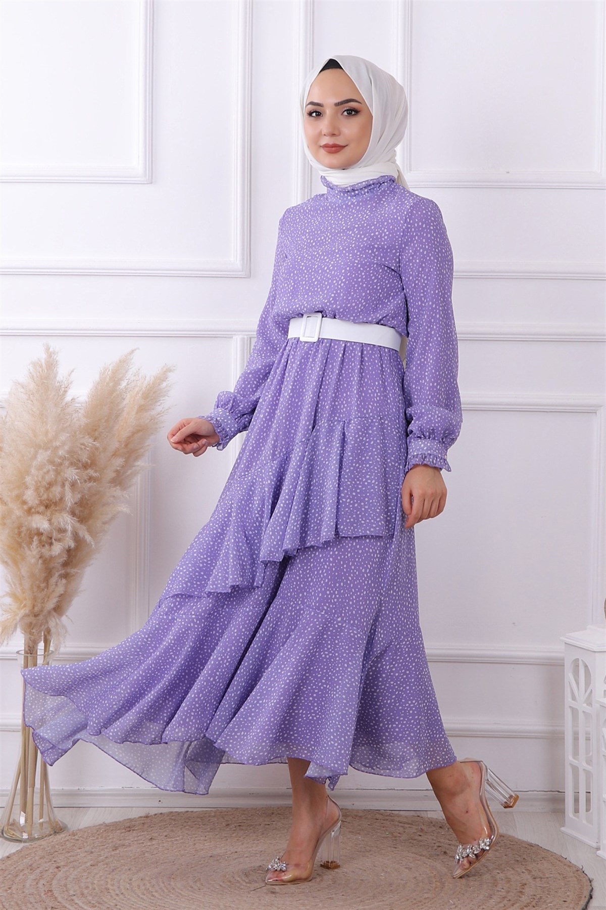 Lila Puantiyeli Geometrik Model Elbise
