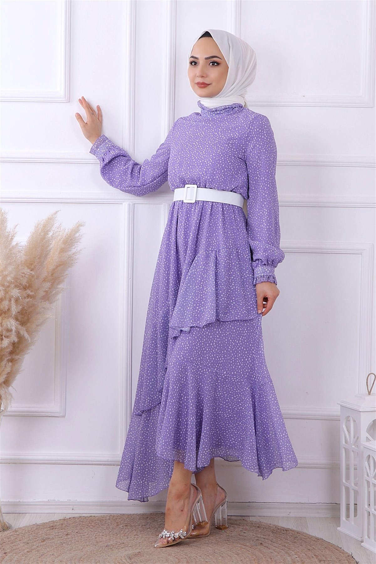 Lila Puantiyeli Geometrik Model Elbise