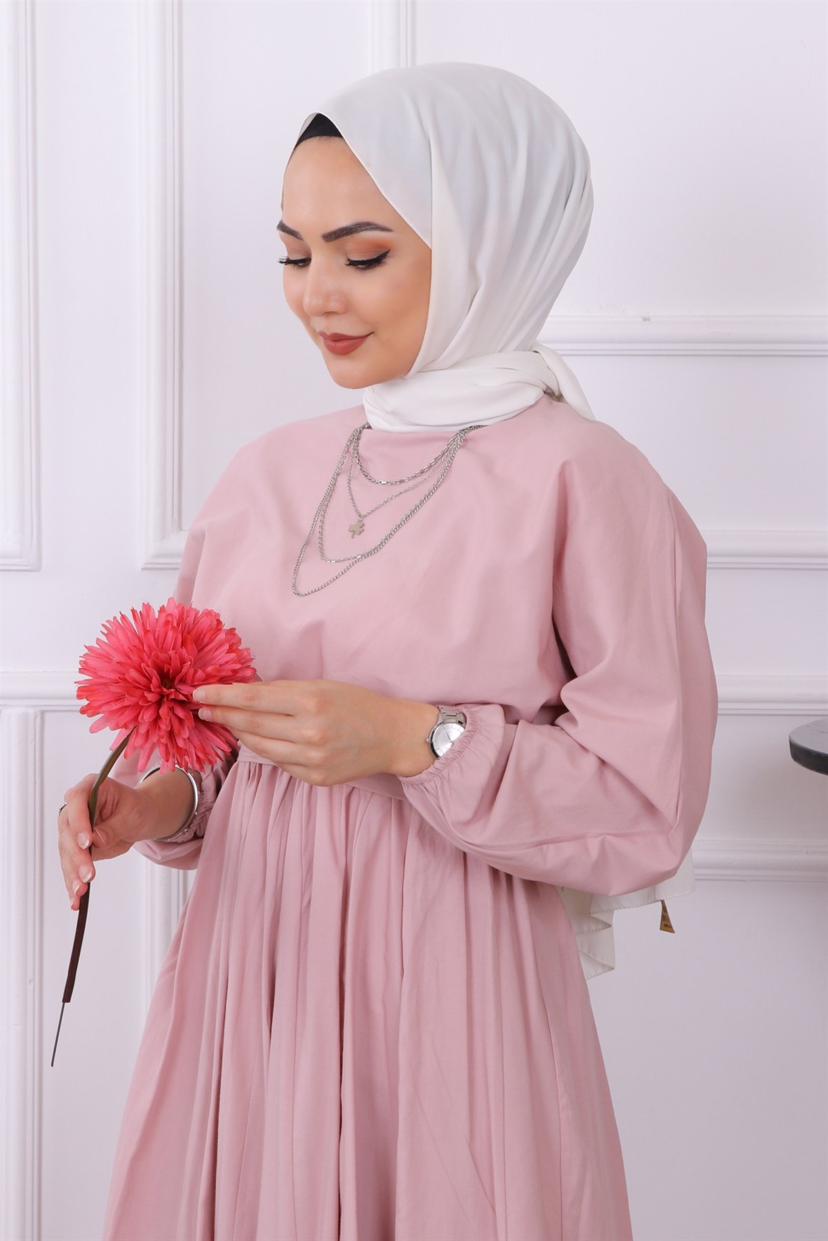 Mevlana Model Kemerli Elbise Pudra