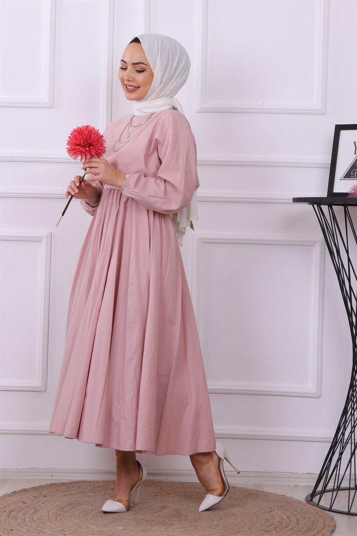 Mevlana Model Kemerli Elbise Pudra