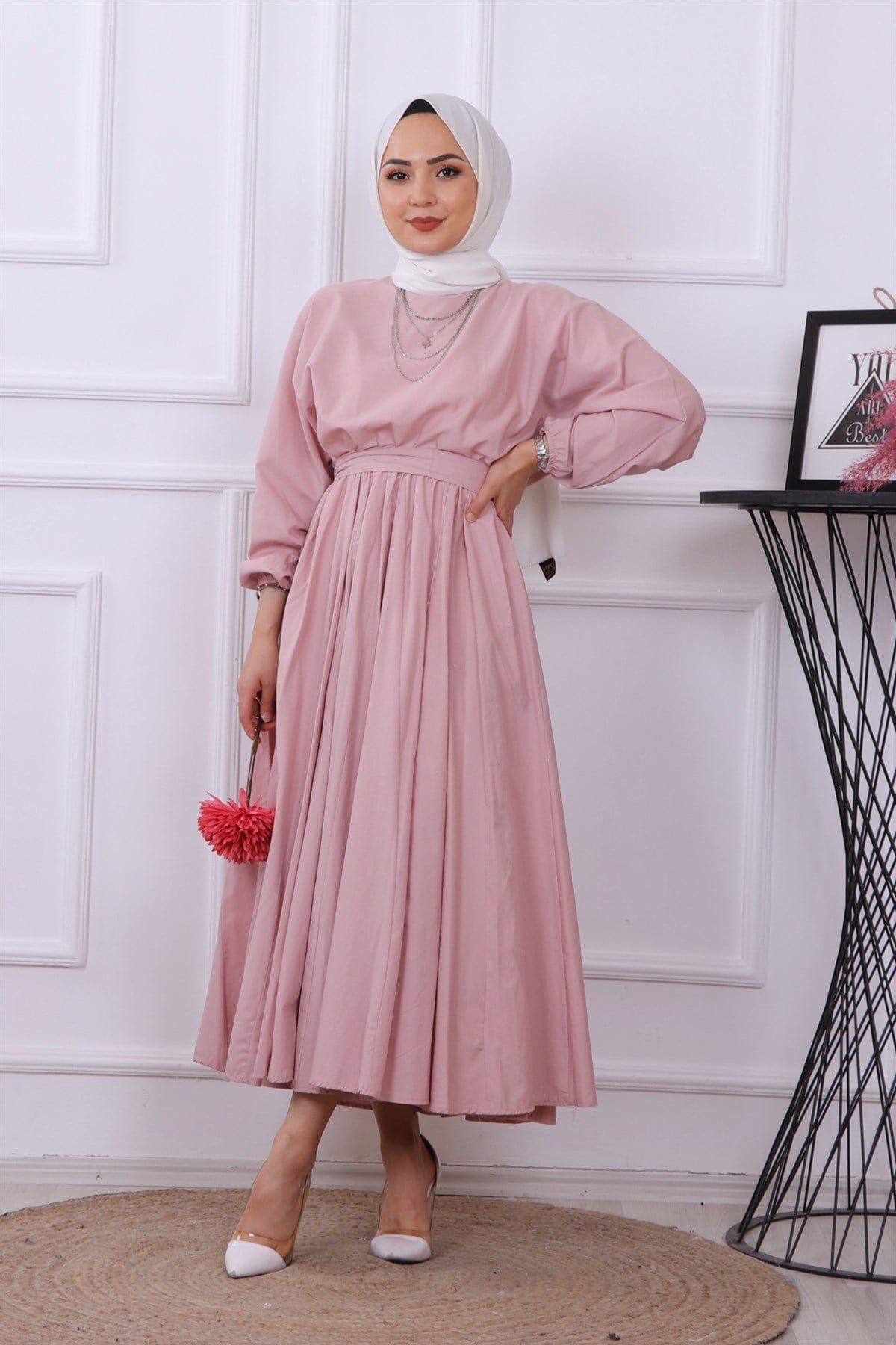 Mevlana Model Kemerli Elbise Pudra